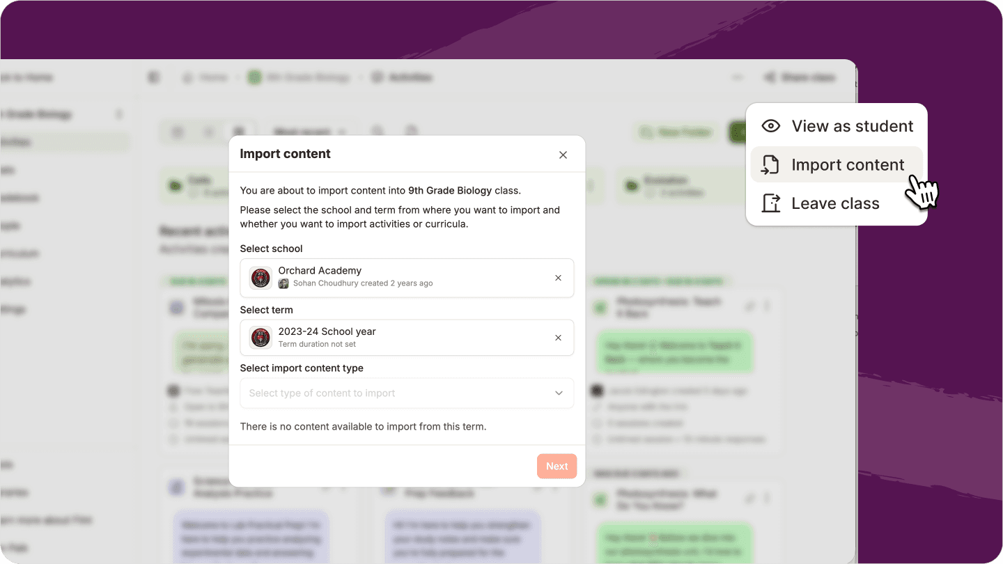 Screenshot of importing content including curriculum and activities