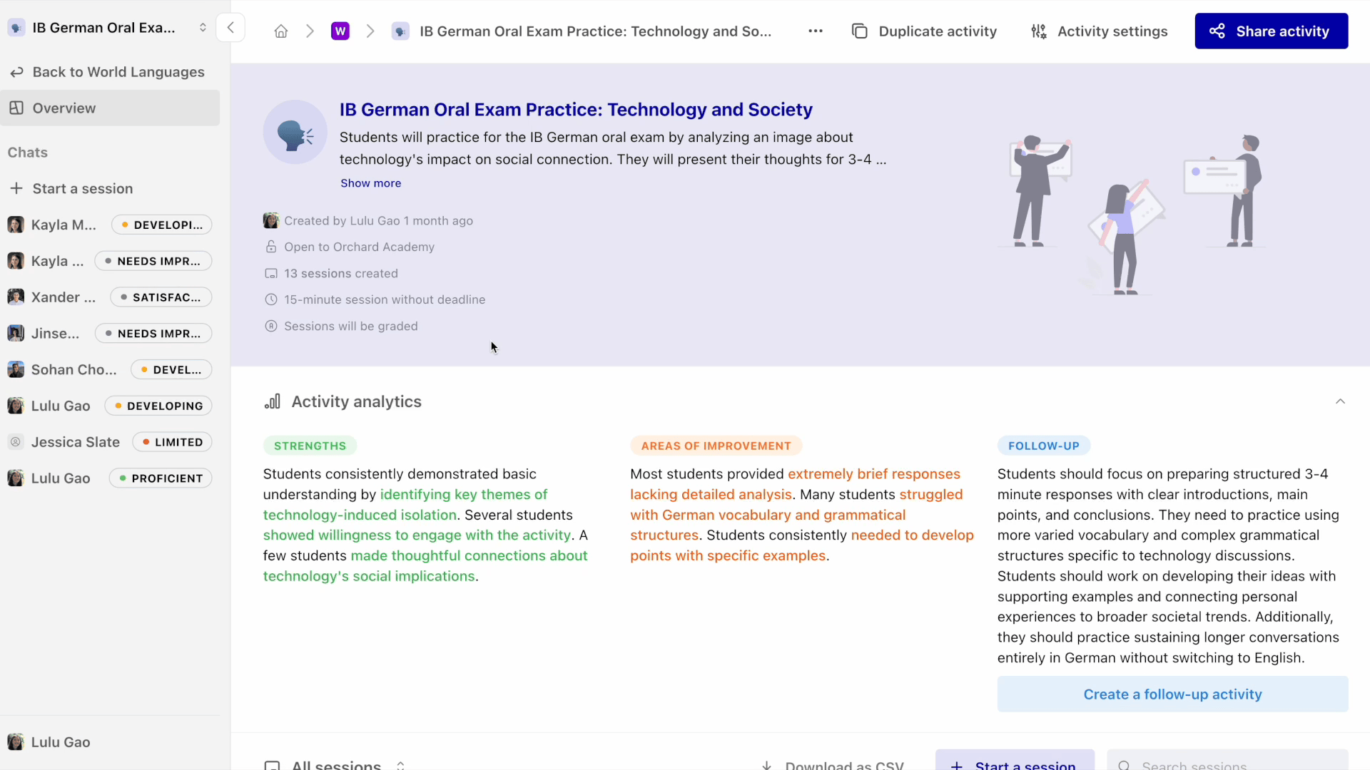 Gif showing how student sessions in activites have been updated to allow you to sort by last name.