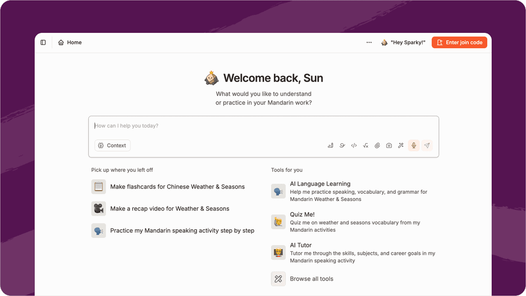 Flint homepage with personalized suggestions based on your classes, activities, and content