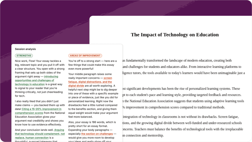 Sparky feedback on an uploaded student document with strengths, areas for improvement, and rubric scores