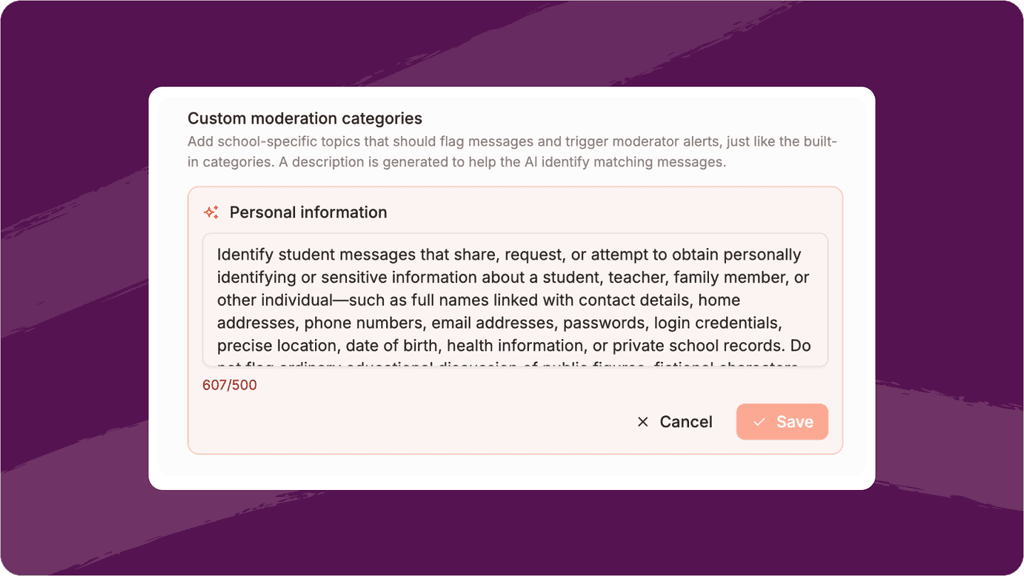 Admin interface for creating custom moderation categories in Flint