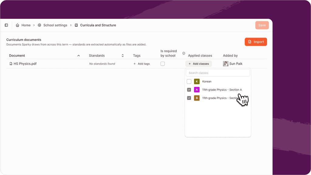 Admin choosing which classes an uploaded curriculum document applies to