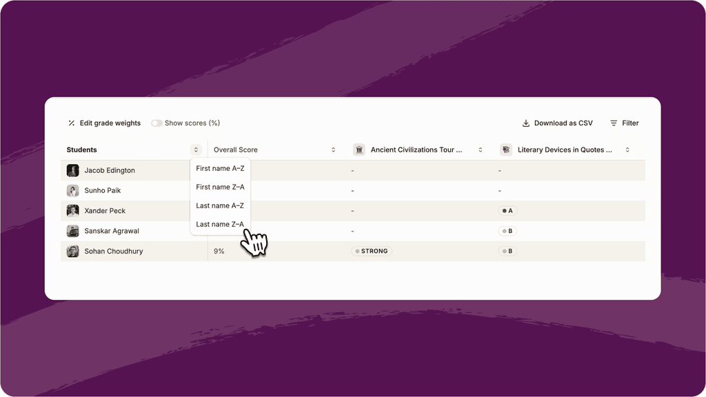 Gradebook menu for sorting students by first or last name